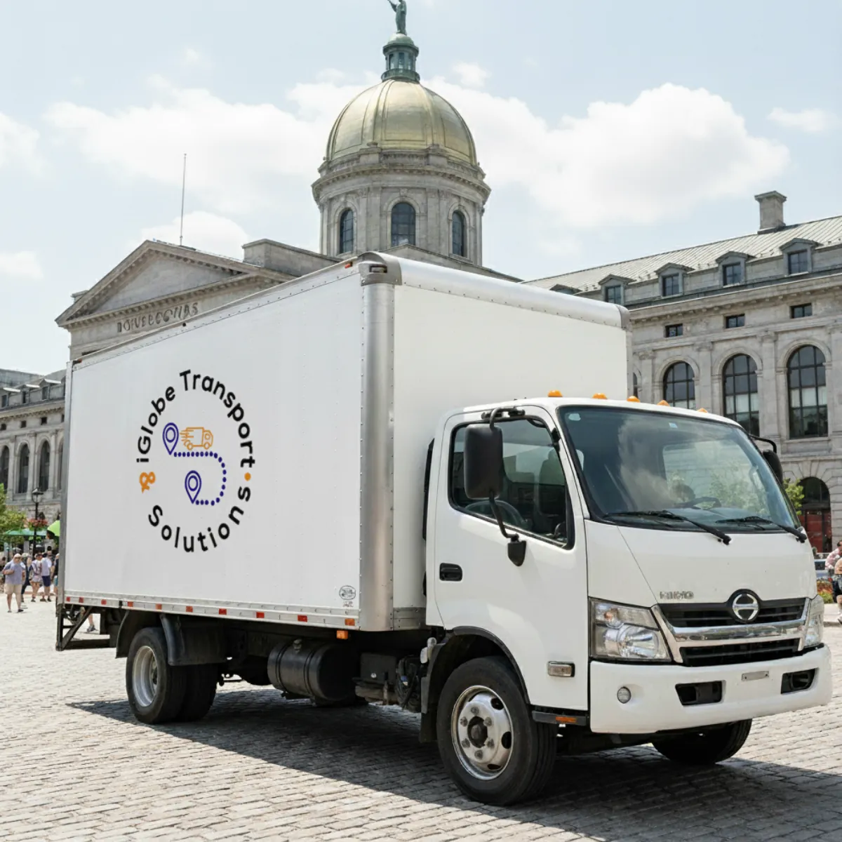 Camion de livraison iGlobe stationné devant un édifice institutionnel