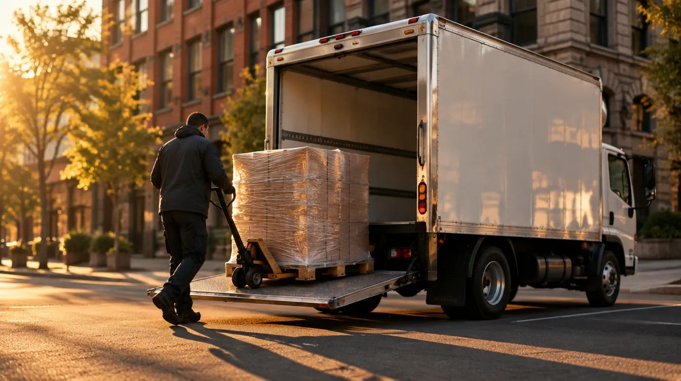 Driver rolling a pallet down the liftgate of a white box truck with a pallet jack