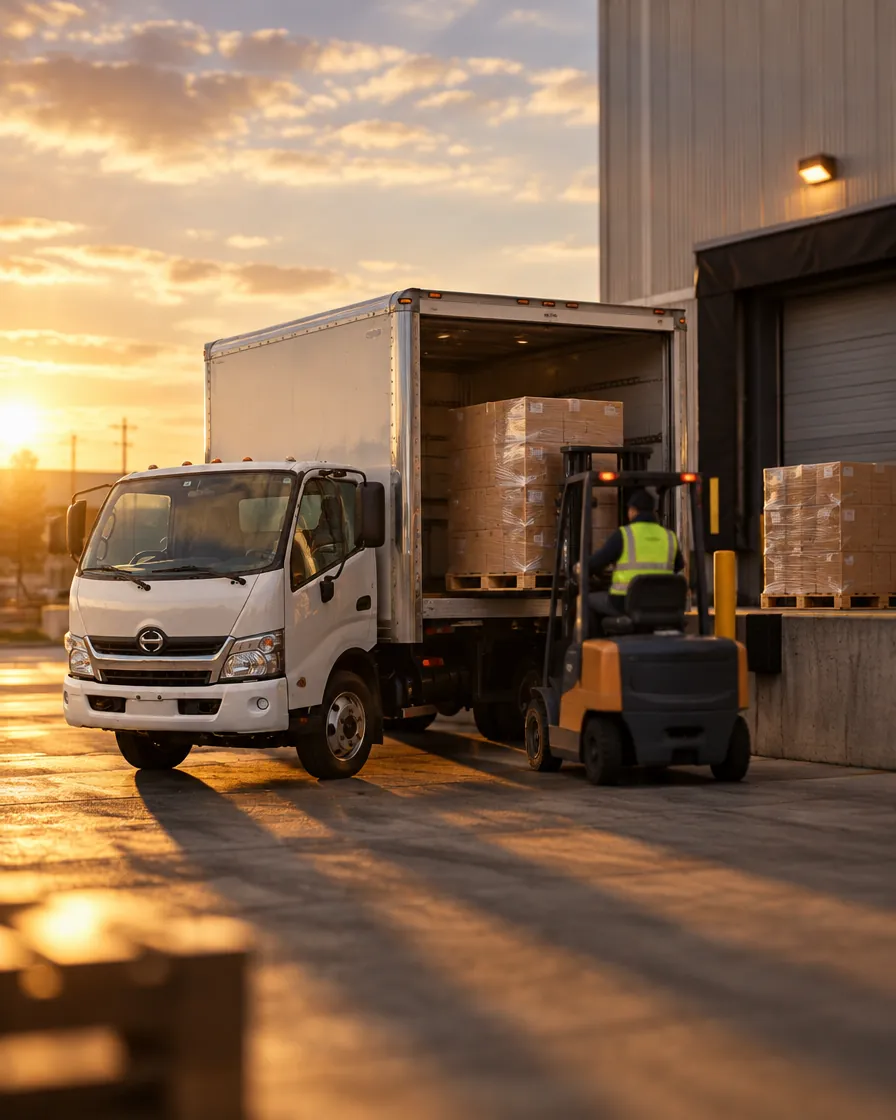 Forklift loading shrink-wrapped pallets into a white box truck at a loading dock