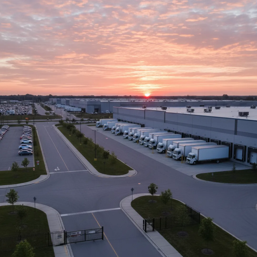 Vue aérienne de camions alignés aux quais d’un centre de distribution